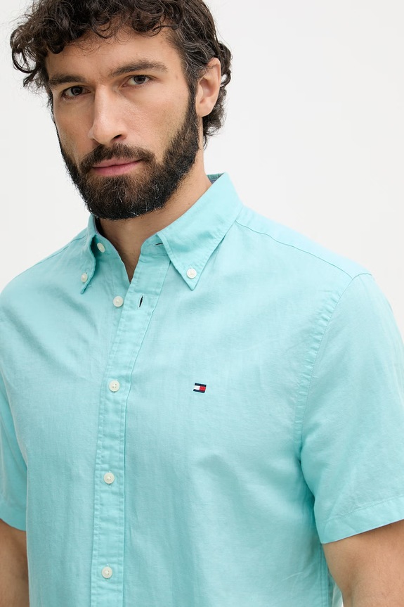Tommy Hilfiger риза мъжка с лен тюркоазен MW0MW42450