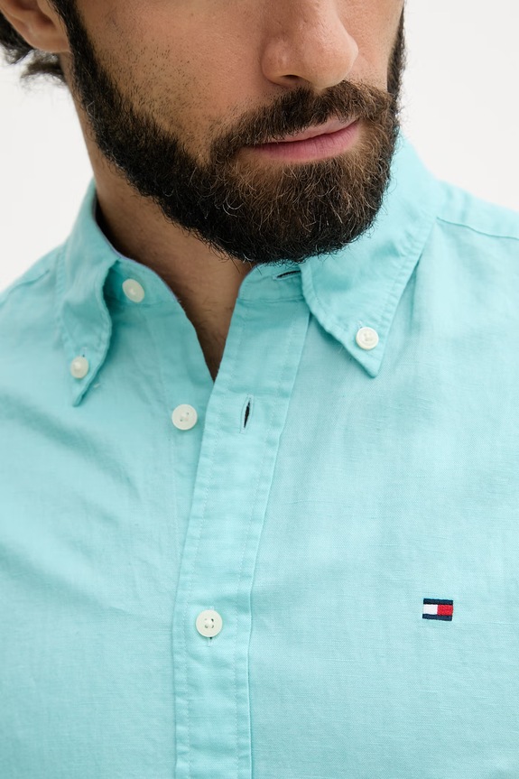 Tommy Hilfiger риза мъжка с лен MW0MW42450 тюркоазен