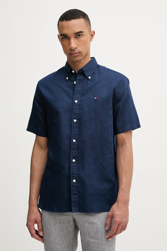 Tommy Hilfiger πουκάμισο ανδρικό με λινό σκούρο μπλε MW0MW42450