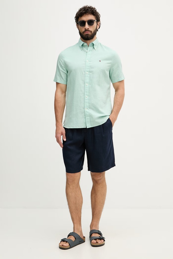 Tommy Hilfiger košeľa pánska s ľanom MW0MW42450 zelená SS26