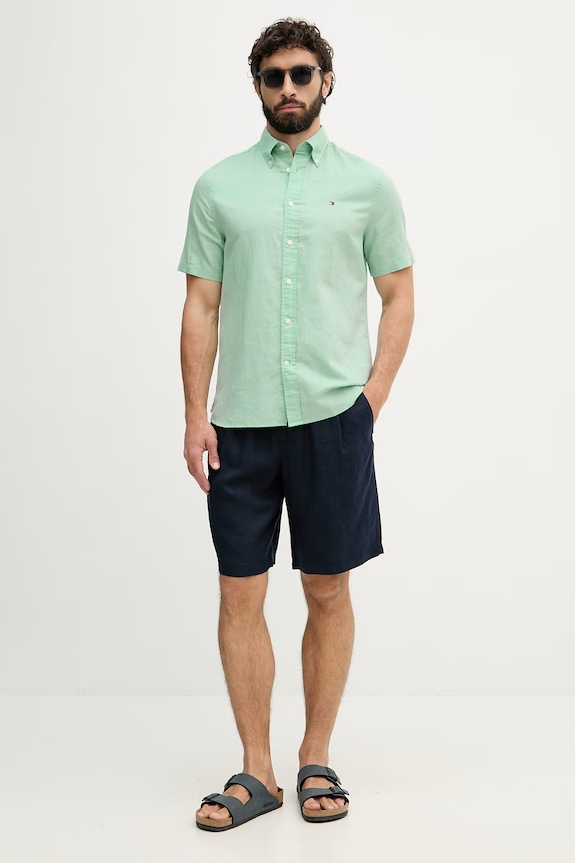 Tommy Hilfiger koszula męska z lnem MW0MW42450 zielony SS26