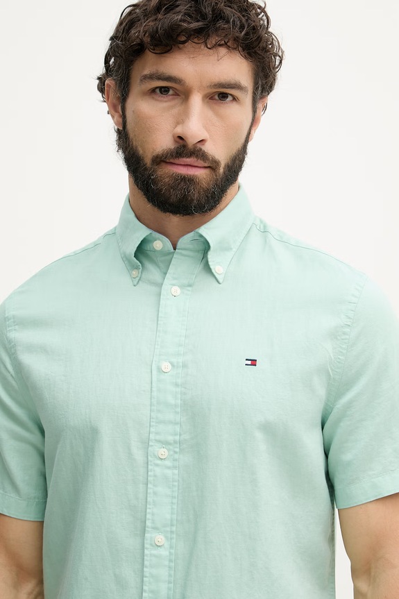 Tommy Hilfiger košeľa pánska s ľanom zelená MW0MW42450