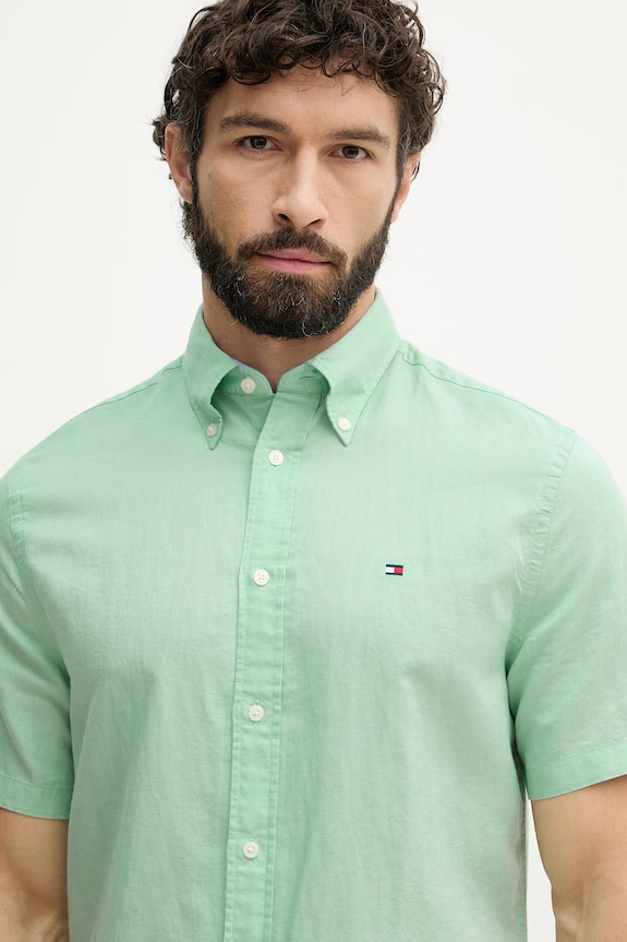 Tommy Hilfiger koszula męska z lnem zielony MW0MW42450