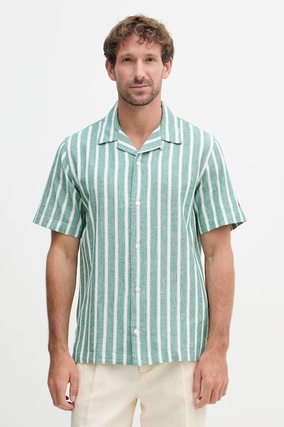 Tommy Hilfiger πουκάμισο ανδρικό με λινό πράσινο MW0MW42457
