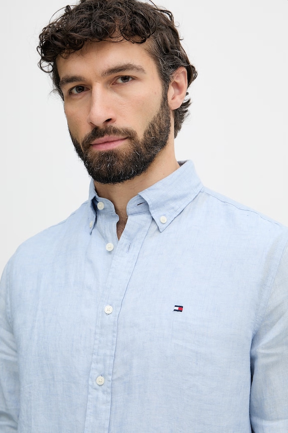 Tommy Hilfiger košeľa pánska ľanová modrá MW0MW41530