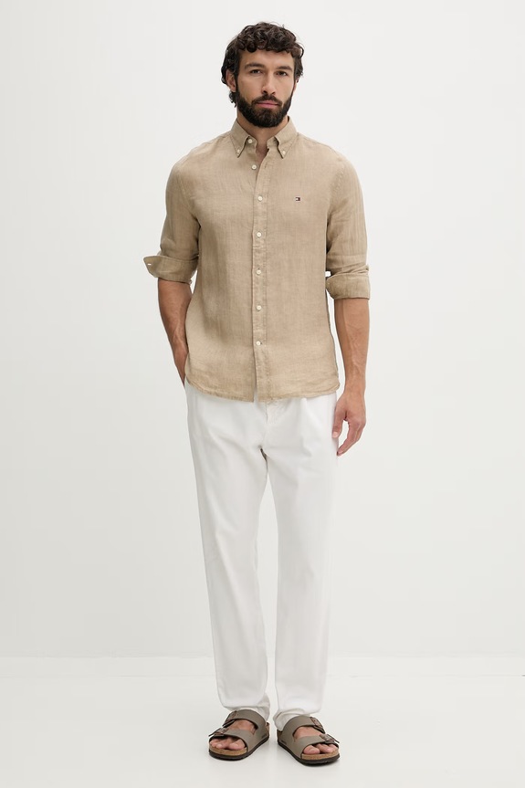 Tommy Hilfiger camicia da uomo in lino MW0MW41530 beige SS26