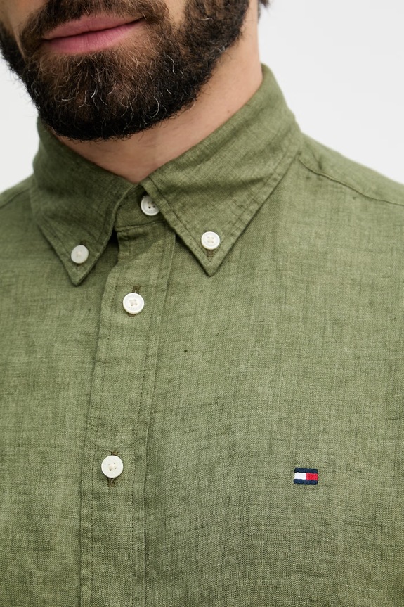 Tommy Hilfiger košeľa pánska ľanová MW0MW41530 zelená