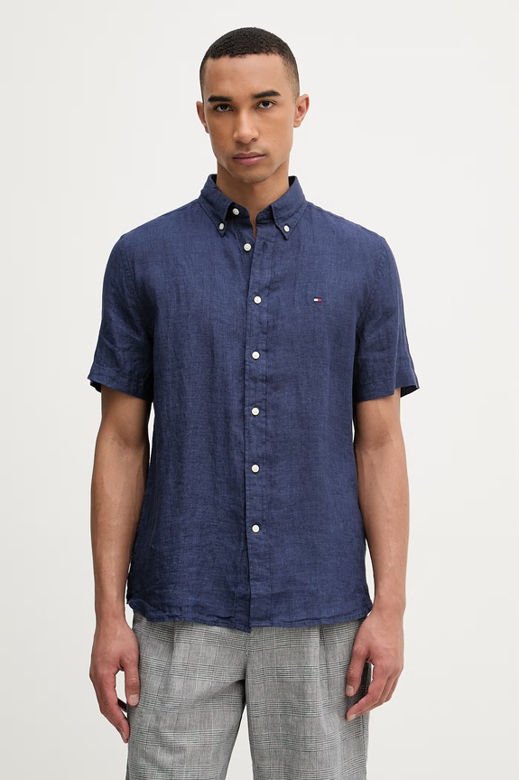 Tommy Hilfiger πουκάμισο ανδρικό λινό σκούρο μπλε MW0MW41531