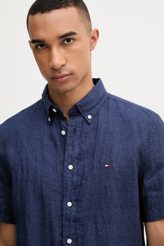 Tommy Hilfiger πουκάμισο ανδρικό λινό σκούρο μπλε MW0MW41531