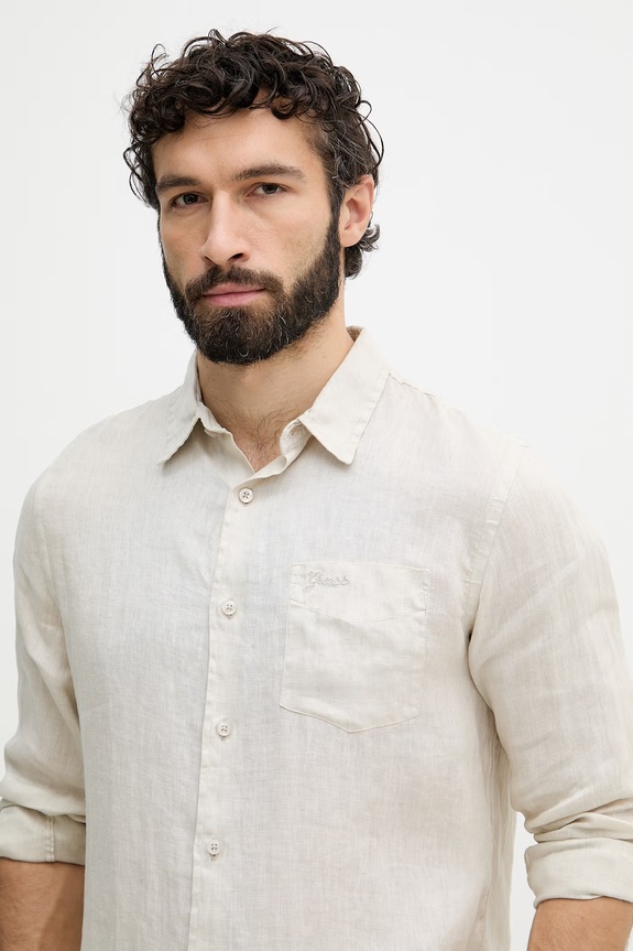 Guess Πουκάμισο ανδρικό λινό μπεζ M6GH59.W1827