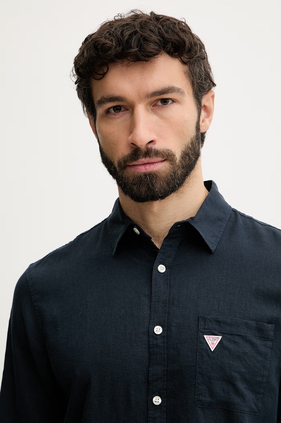 Guess Cămașă pentru bărbați de in bleumarin F6GH06.WG3L0