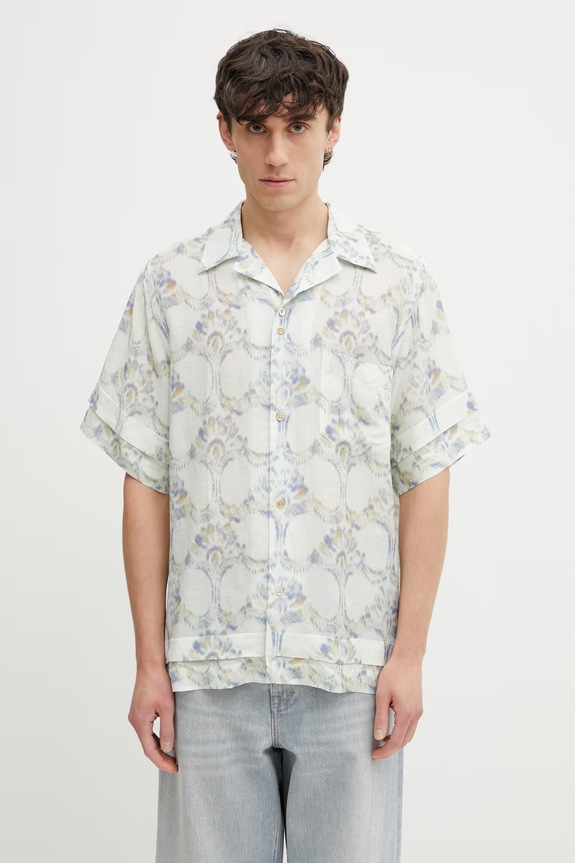 Wales Bonner Lotus Bowling camicia con lino da uomo turchese MS26SH03.VI02.1001