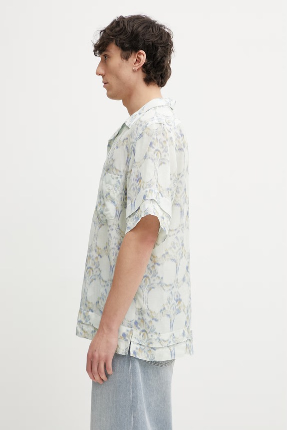 Wales Bonner Lotus Bowling camicia con lino da uomo MS26SH03.VI02.1001 turchese SS26