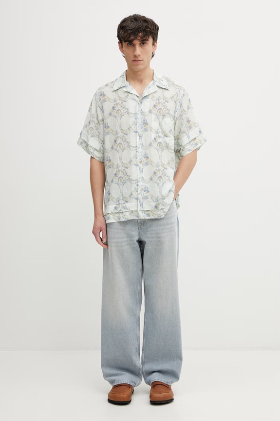 Wales Bonner Lotus Bowling camicia con lino da uomo MS26SH03.VI02.1001 turchese