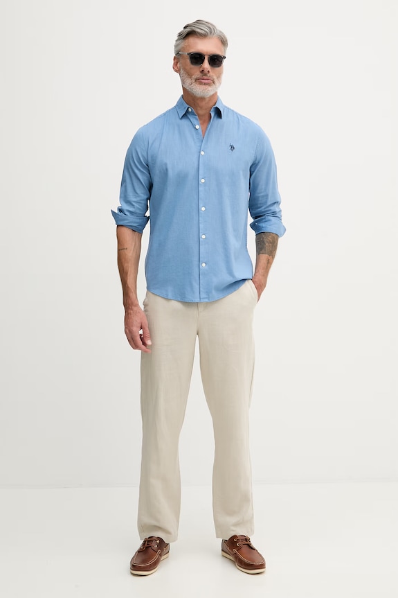 U.S. Polo Assn. košeľa pánska s bavlnou LINEN BLEND LS MUP3248. modrá SS26