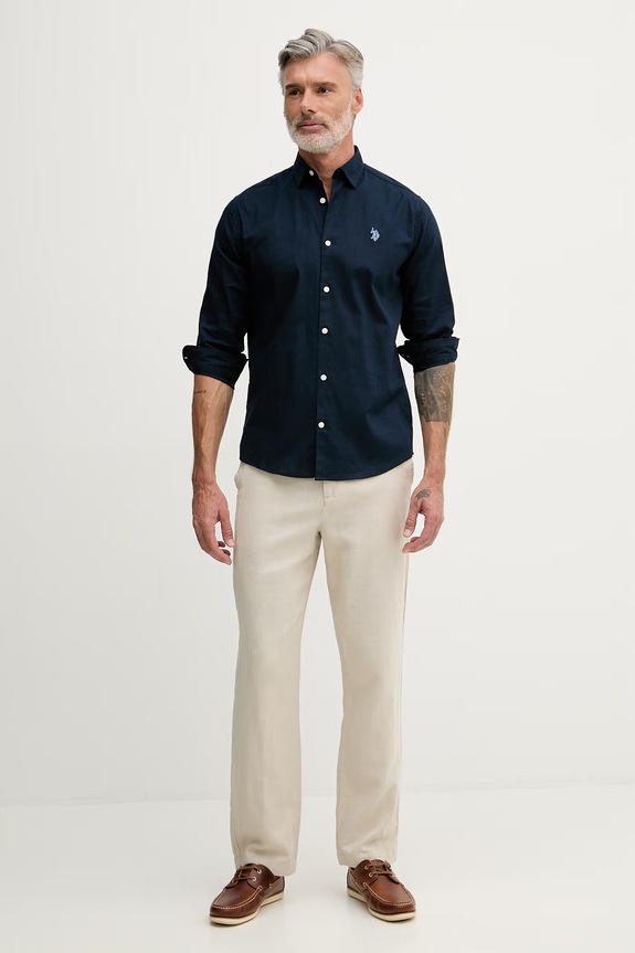 U.S. Polo Assn. Košeľa pánska bavlnená LINEN BLEND LS MUP3248. tmavomodrá SS26