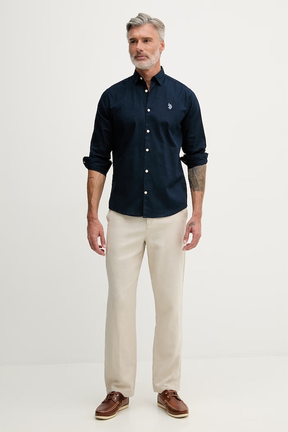 U.S. Polo Assn. Košeľa pánska bavlnená LINEN BLEND LS MUP3248. tmavomodrá SS26