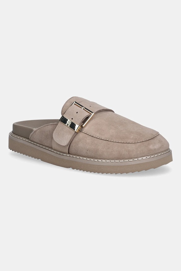 Natikače od brušene kože Tommy Hilfiger TH BUCKLE FUR SUEDE MULE ravna bež FW0FW09083