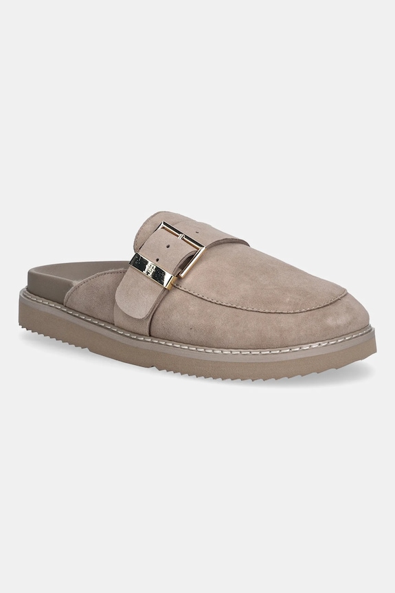 Natikače od brušene kože Tommy Hilfiger TH BUCKLE FUR SUEDE MULE ravna bež FW0FW09083