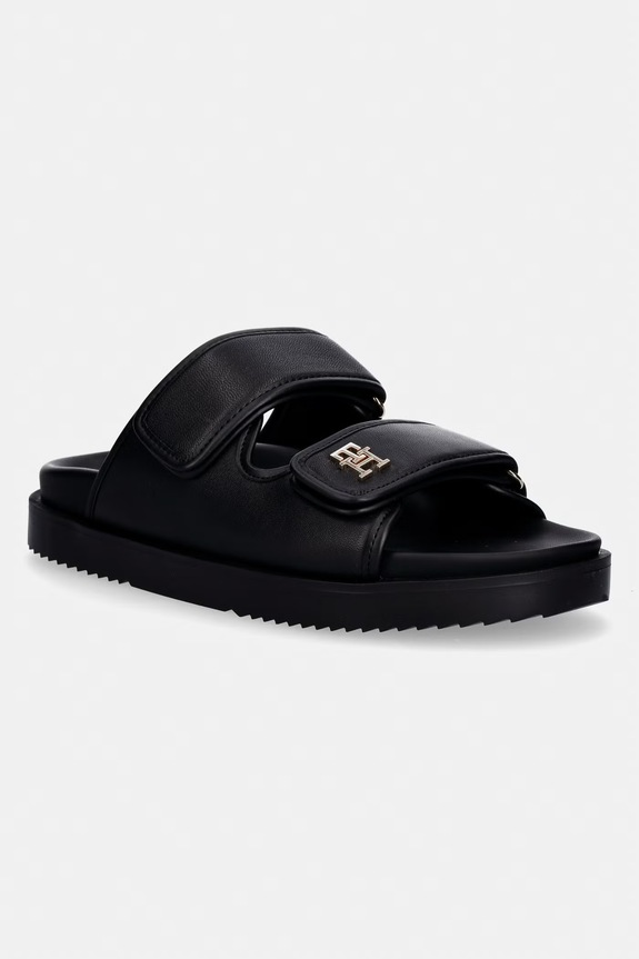 Tommy Hilfiger šľapky dámske kožené DOUBLE STRAP LEATHER SANDAL čierna FW0FW09121