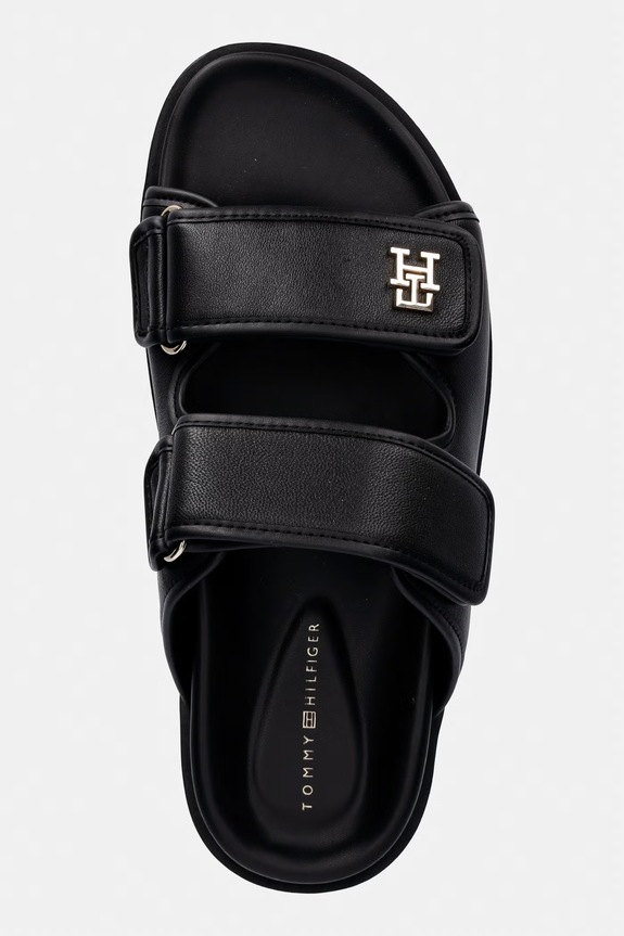 Tommy Hilfiger šľapky dámske kožené DOUBLE STRAP LEATHER SANDAL čierna FW0FW09121