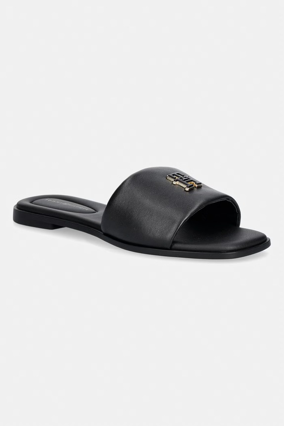 Tommy Hilfiger šľapky dámske kožené TH LOGO HARDWARE LEATHER MULE čierna FW0FW09292