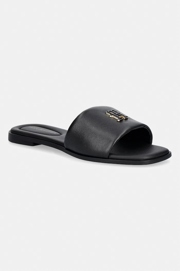 Tommy Hilfiger šľapky dámske kožené TH LOGO HARDWARE LEATHER MULE čierna FW0FW09292