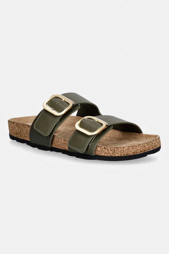 Tommy Hilfiger klapki damskie skórzane TH CLASSIC CORK SANDAL LEATHER zielony FW0FW09118