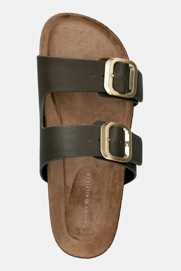 Tommy Hilfiger klapki damskie skórzane TH CLASSIC CORK SANDAL LEATHER zielony FW0FW09118