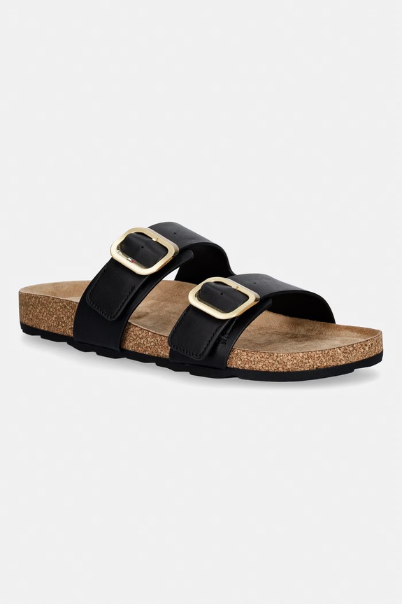 Tommy Hilfiger papuci pentru femei, din piele TH CLASSIC CORK SANDAL LEATHER negru FW0FW09118