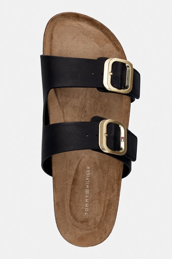 Tommy Hilfiger papuci pentru femei, din piele TH CLASSIC CORK SANDAL LEATHER negru FW0FW09118