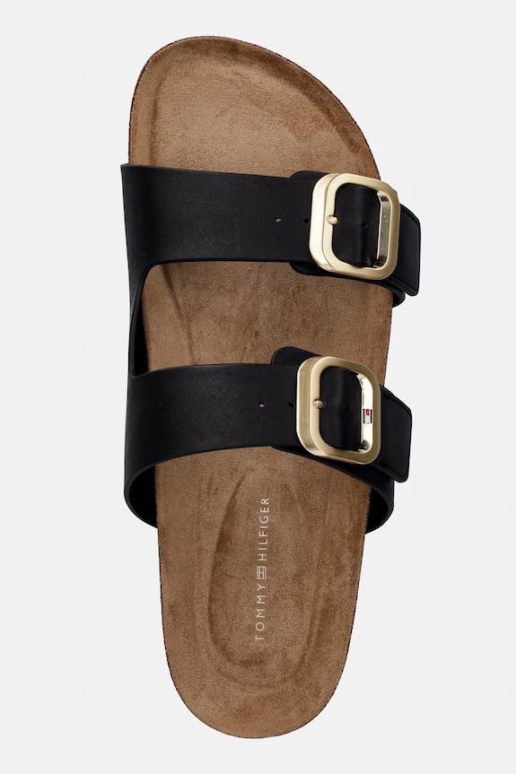 Tommy Hilfiger papuci pentru femei, din piele TH CLASSIC CORK SANDAL LEATHER negru FW0FW09118