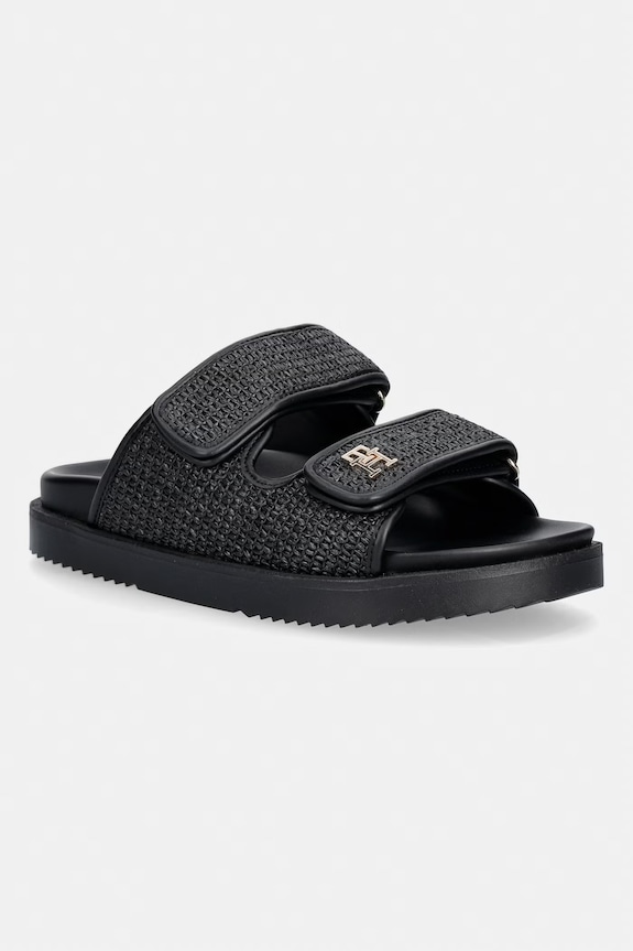 Tommy Hilfiger natikači ženski DOUBLE STRAP RAFFIA SANDAL črna FW0FW09122