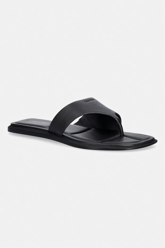 Calvin Klein șlapi pentru femei, din piele FLAT SANDAL THONG LTH negru HW0HW02866