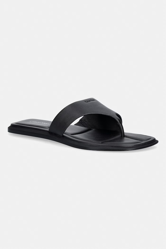 Calvin Klein șlapi pentru femei, din piele FLAT SANDAL THONG LTH negru HW0HW02866