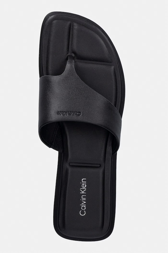 Calvin Klein șlapi pentru femei, din piele FLAT SANDAL THONG LTH negru HW0HW02866