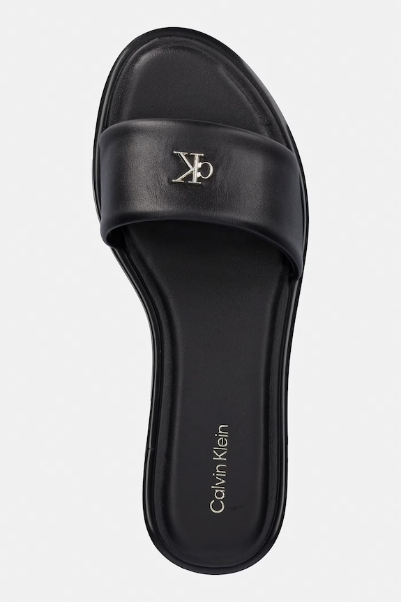 Calvin Klein σαγιονάρες γυναικείες δερμάτινες ROUND FLAT SNDL LTH BAR HW 2 μαύρο HW0HW02925