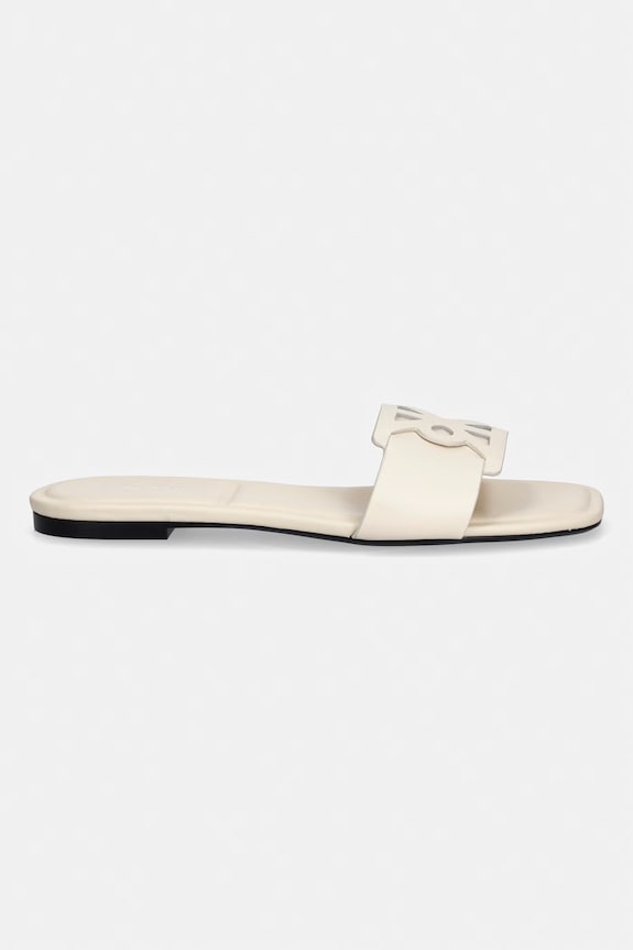 Calvin Klein papuci pentru femei, din piele SQUARE FLAT SANDAL EMBLEM HW0HW03128 bej SS26