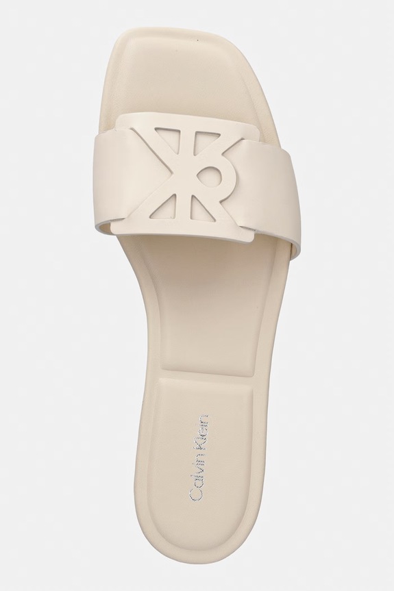 Calvin Klein papuci pentru femei, din piele SQUARE FLAT SANDAL EMBLEM bej HW0HW03128