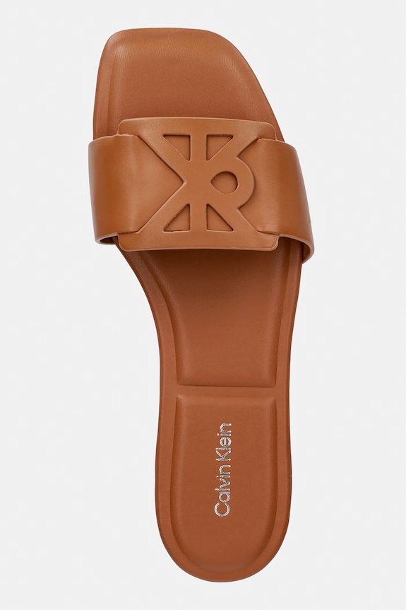 Calvin Klein papuci pentru femei, din piele SQUARE FLAT SANDAL EMBLEM maro HW0HW03128