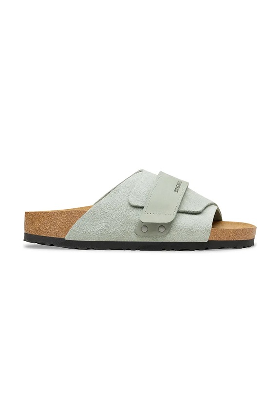 Birkenstock papuci cu toc plat de damă piele întoarsă Kyoto piele întoarsă verde 1031730