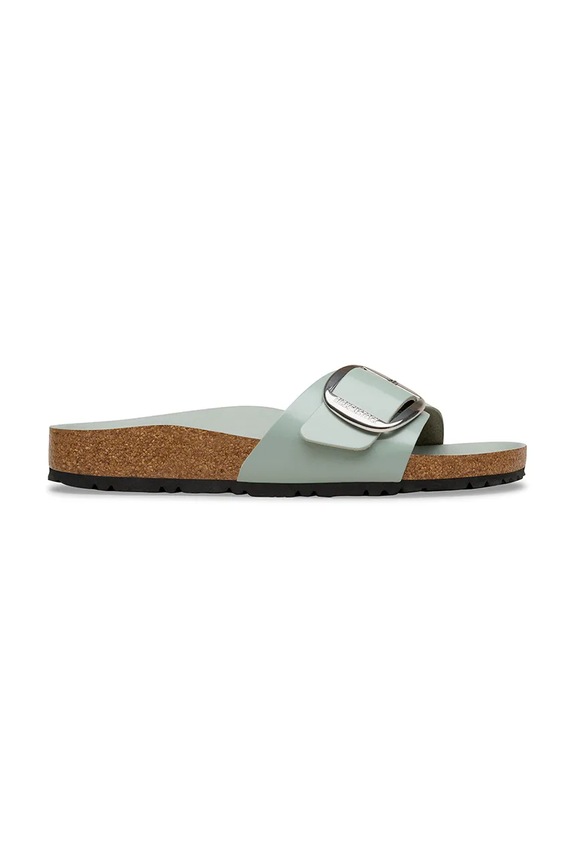 Birkenstock šľapky na plochom podpätku dámske z kože Madrid Big Buckle usňová koža zelená 1031788