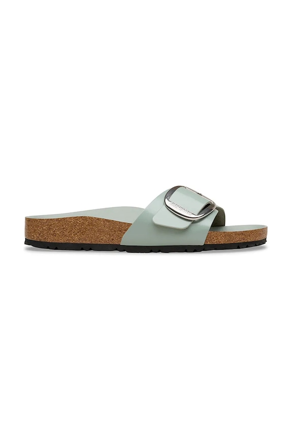 Birkenstock šľapky na plochom podpätku dámske z kože Madrid Big Buckle usňová koža zelená 1031788