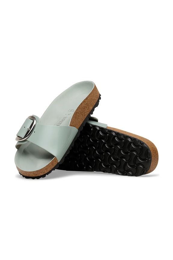 Birkenstock šľapky na plochom podpätku dámske z kože Madrid Big Buckle zelená 1031788