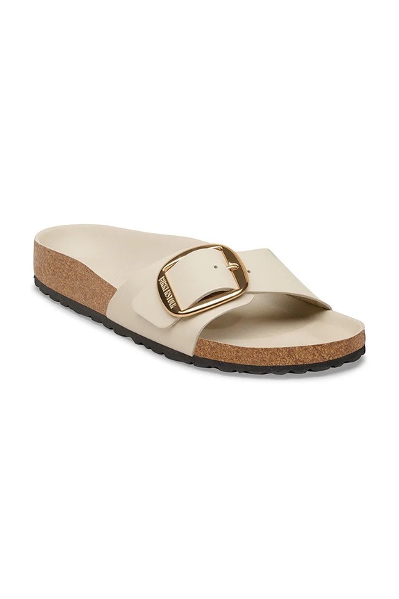 Birkenstock šľapky na plochom podpätku dámske kožené Madrid Big Buckle 1031823 béžová SS26