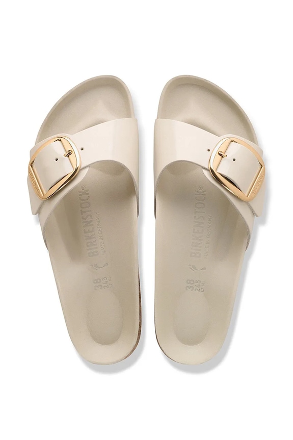 Birkenstock šľapky na plochom podpätku dámske kožené Madrid Big Buckle 1031823 béžová