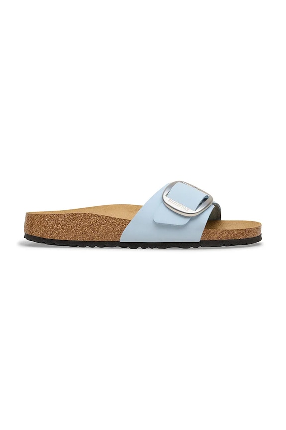 Birkenstock šľapky na plochom podpätku dámske kožené Madrid Big Buckle usňová koža modrá 1031837
