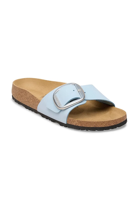 Birkenstock šľapky na plochom podpätku dámske kožené Madrid Big Buckle 1031837 modrá SS26