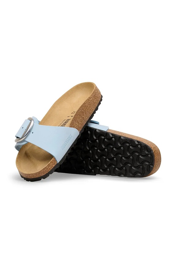 Birkenstock šľapky na plochom podpätku dámske kožené Madrid Big Buckle modrá 1031837