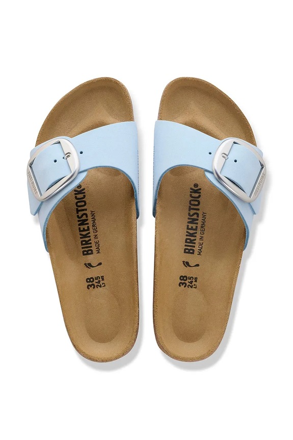 Birkenstock šľapky na plochom podpätku dámske kožené Madrid Big Buckle 1031837 modrá